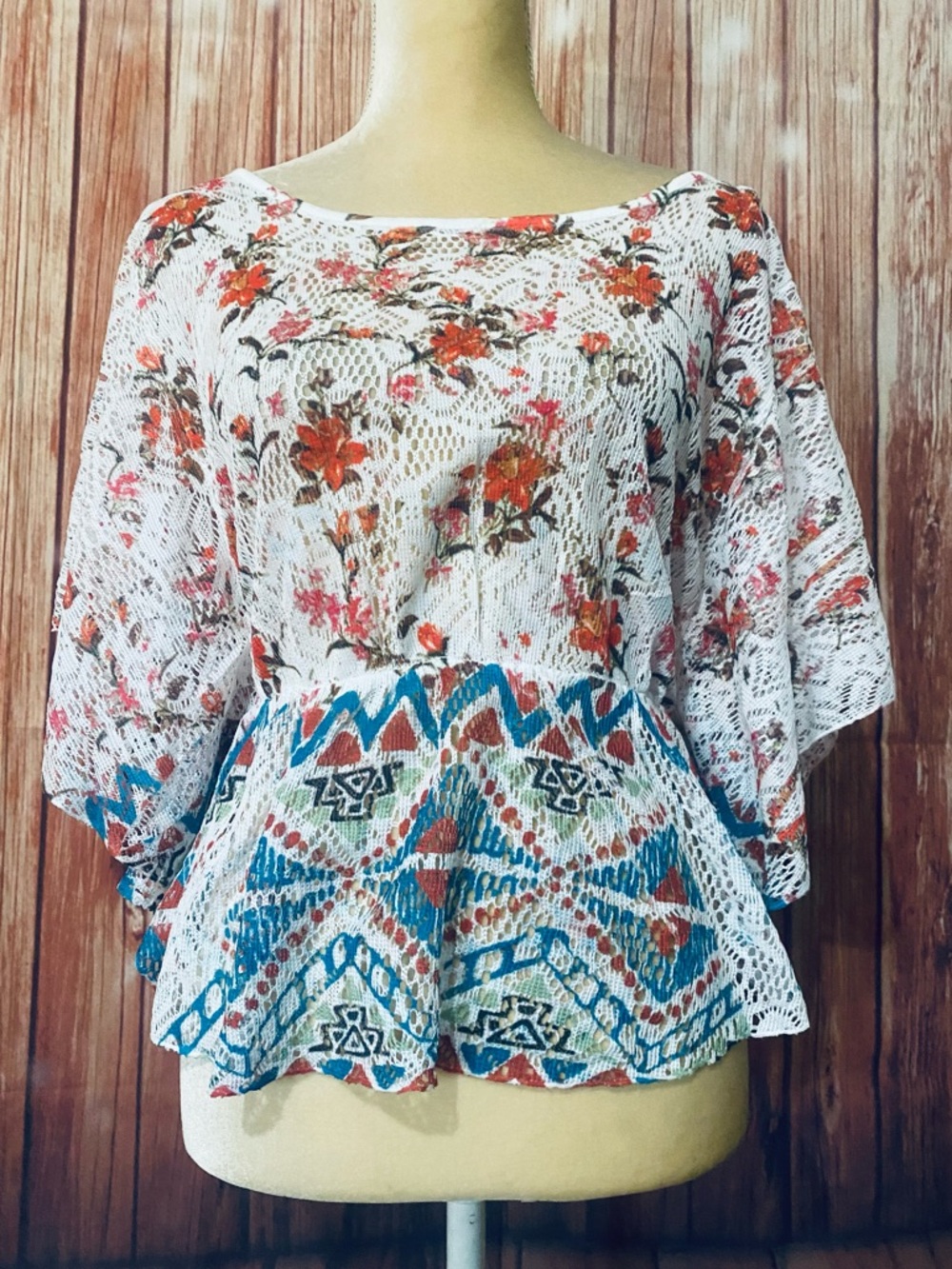 Women’s Medium Boho Floral Peplum Top White with Coral & Teal Wide Sleeves Sheer
